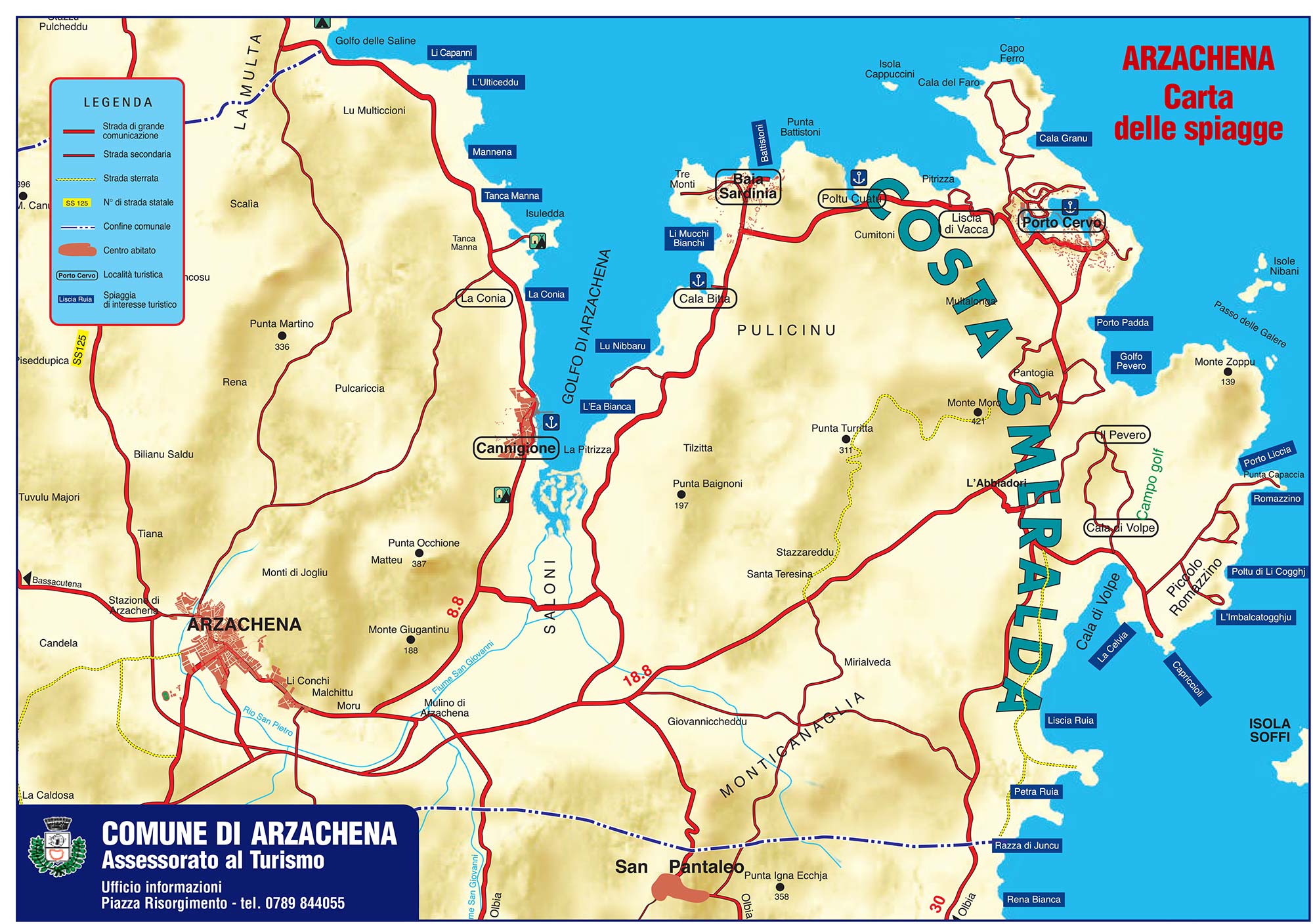 La cartina e le informazioni sulle spiagge di Arzachena e della Costa Smeralda